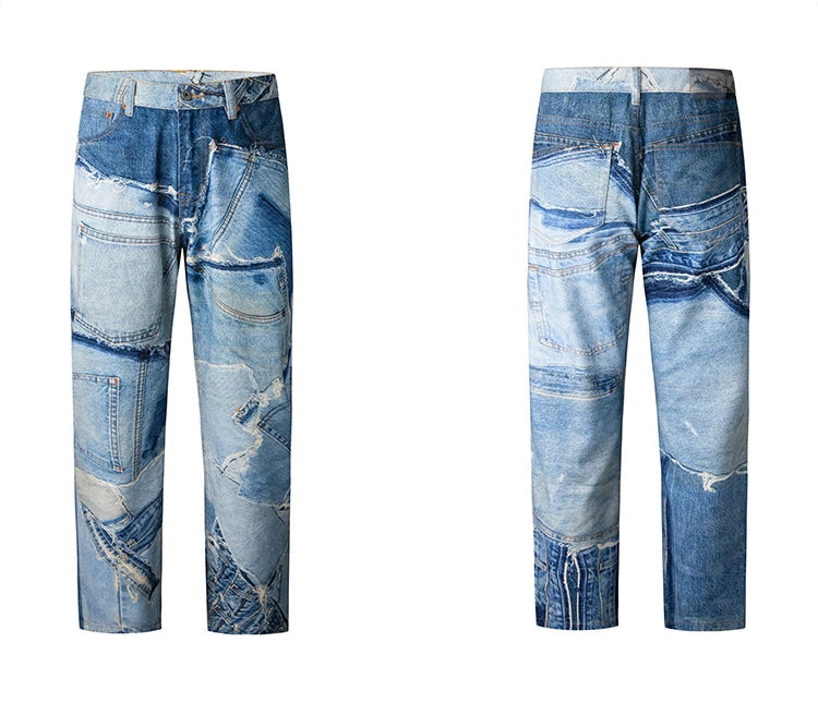 fashion fake patchwork printed denim jeans mens new casual zipper straight loose jeans streetwear hip hop baggy pants joggers unique joggers style 1416