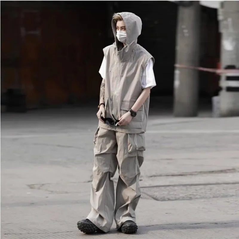summer casual sleeveless set men hip hop loose hooded vest pockets straight leg cargo pants 2 piece outdoors sports camp suit unique cargo style 3828