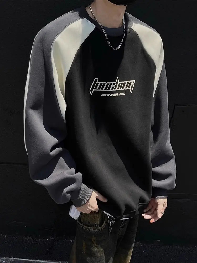 Trendy Personality Korean Motorcycle Style Round Neck Sweatshirt Men 2024 Spring Autumn Niche Contrasting Color Pullover Hot Top Street King Limited