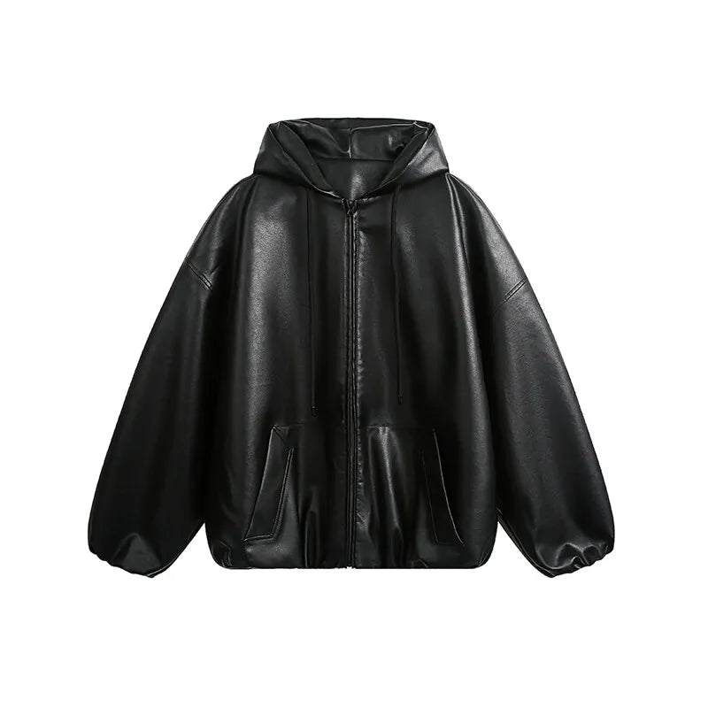 pu leather bomber jacket men streetwear fashion loose casual vintage leather hooded short motorcycle jacket hoody coat outerwear unique shorts style 560