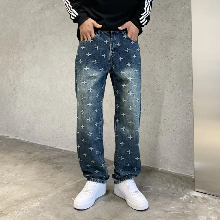 autumn winter new trendy brand jacquard jeans men high street hiphop casual fashion loose denim jeans pants boyfriend trousers unique jeans style 2828