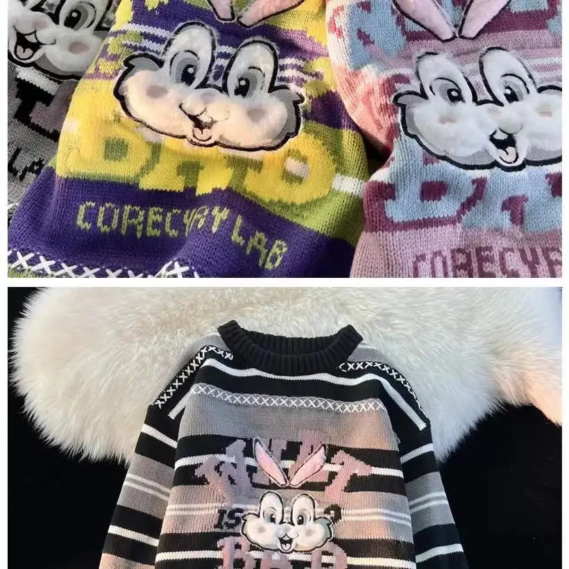 Sweet cool bunny striped knitted sweater for women in autumn and winter loose outer wear lazy style soft and waxy milk kawaii Street King Limited