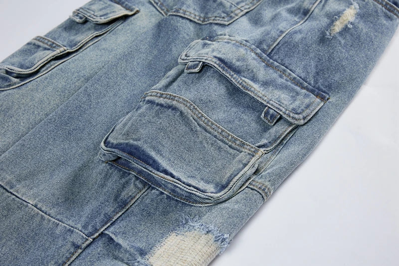 mens baggy jeans side big pocket distressed ripped denim jean straight pants high street cargo jean pants hip hop joggers jeans unique joggers style 1991