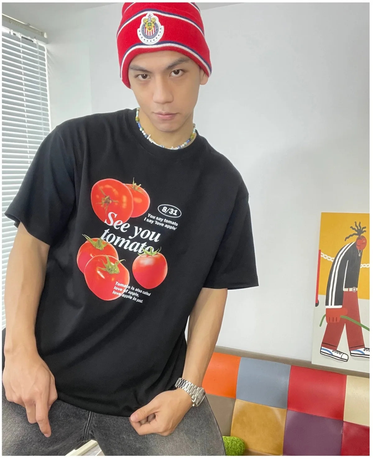 Tomato print pure cotton short-sleeved T-shirt, fun and cute men and women niche fashion brand Korean style college style top Street King Limited