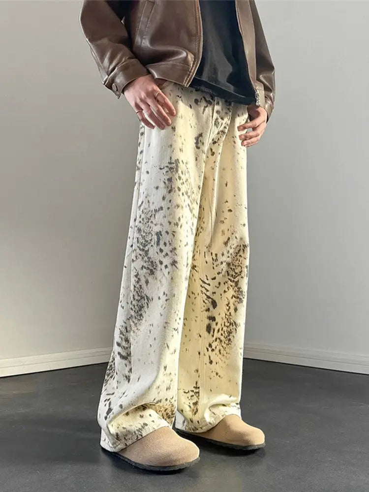 summer leopard print jeans for men and women american street trend retro micro horn loose hip hop straight leg casual pants y2k ripped baggy denim