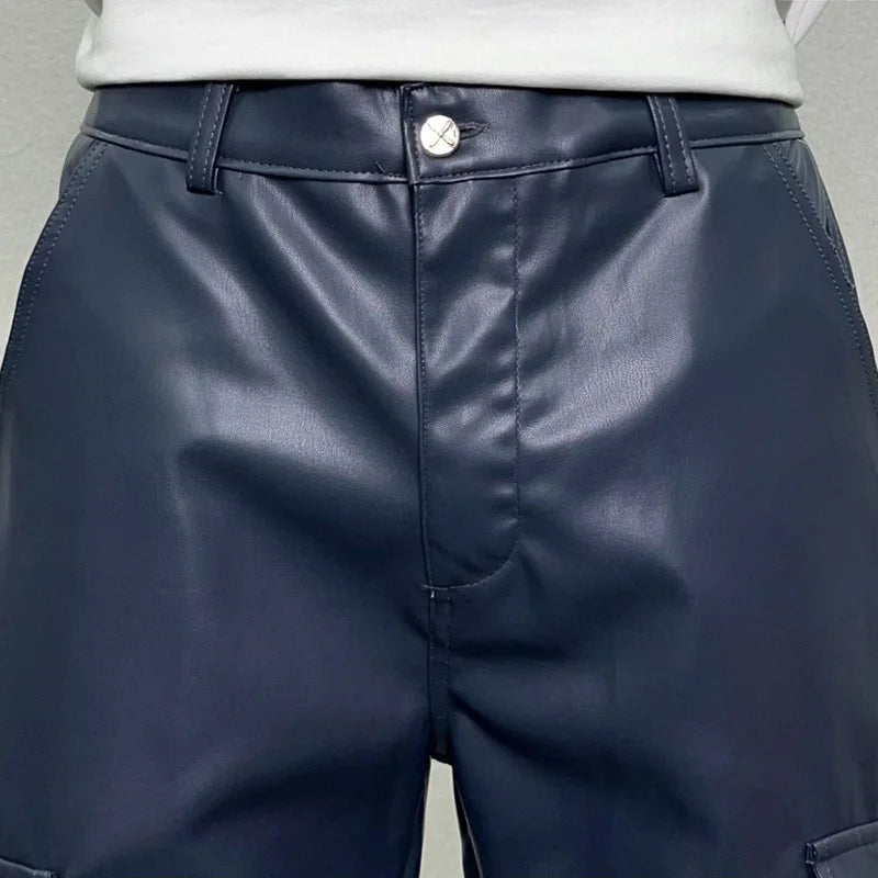 pu leather pants mens streetwear fashion hip hop vibe casual faux leather cargo flared pant men motorcycle trousers unique cargo style 2937