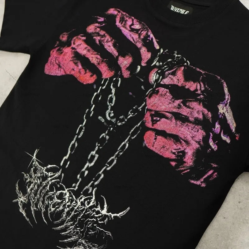 Trendy Brand Rock Punk Streetwear Y2K Harajuku Gothic Retro Pattern Printed Oversized T-shirt Men American Hip-hop Casual Tops Street King Limited