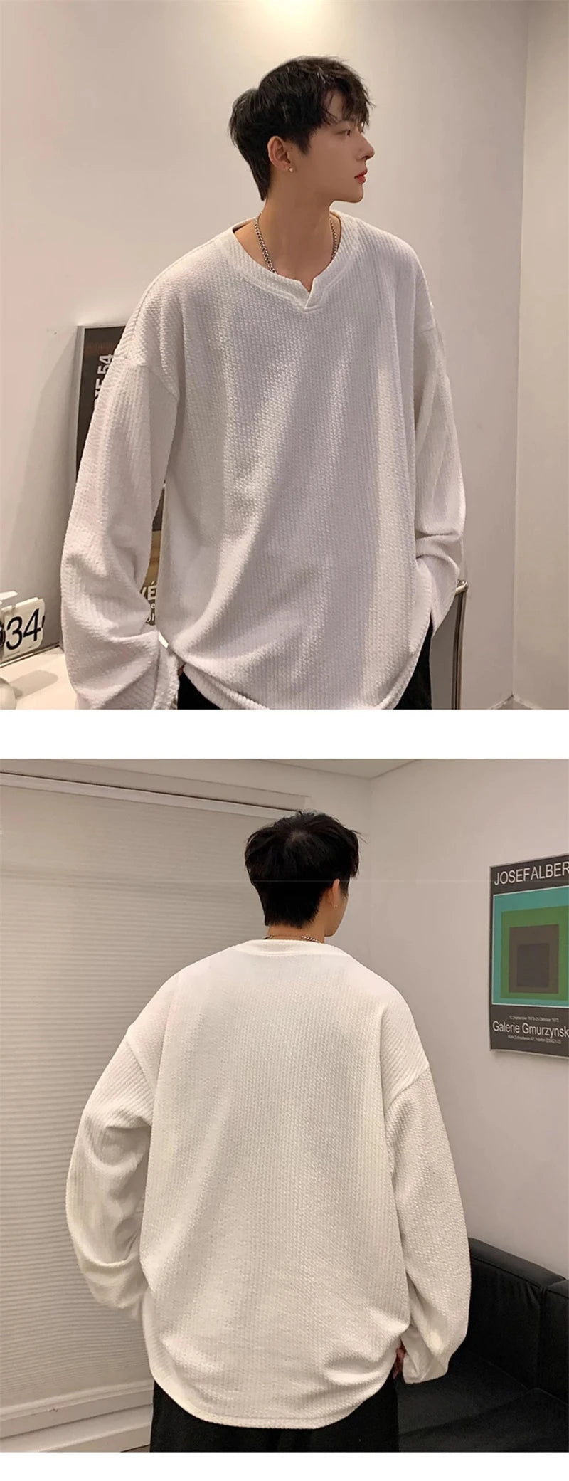Autumn Men's V-neck Long Sleeve T-shirts New Solid Color Jacquard Waffle Pullover Tops High Street Fashion Breathable Tee Shirts Street King Limited
