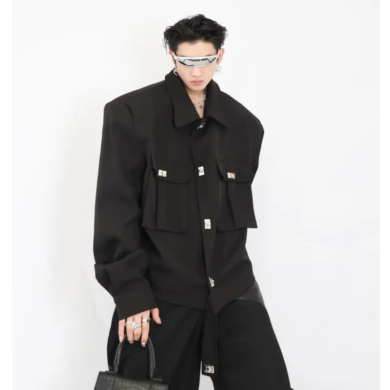 trendy high street jacket mens unisex metal button shoulder pad short coats multi pocket punk hip hop loose outwear oversized drawstring street shorts