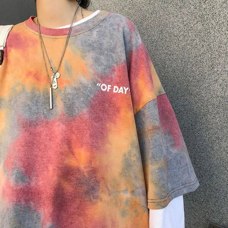 Summer national trend hip-hop tie-dye short-sleevedstyle Korean version ins loose couple's five-point half-sleeved T-shirt top Street King Limited