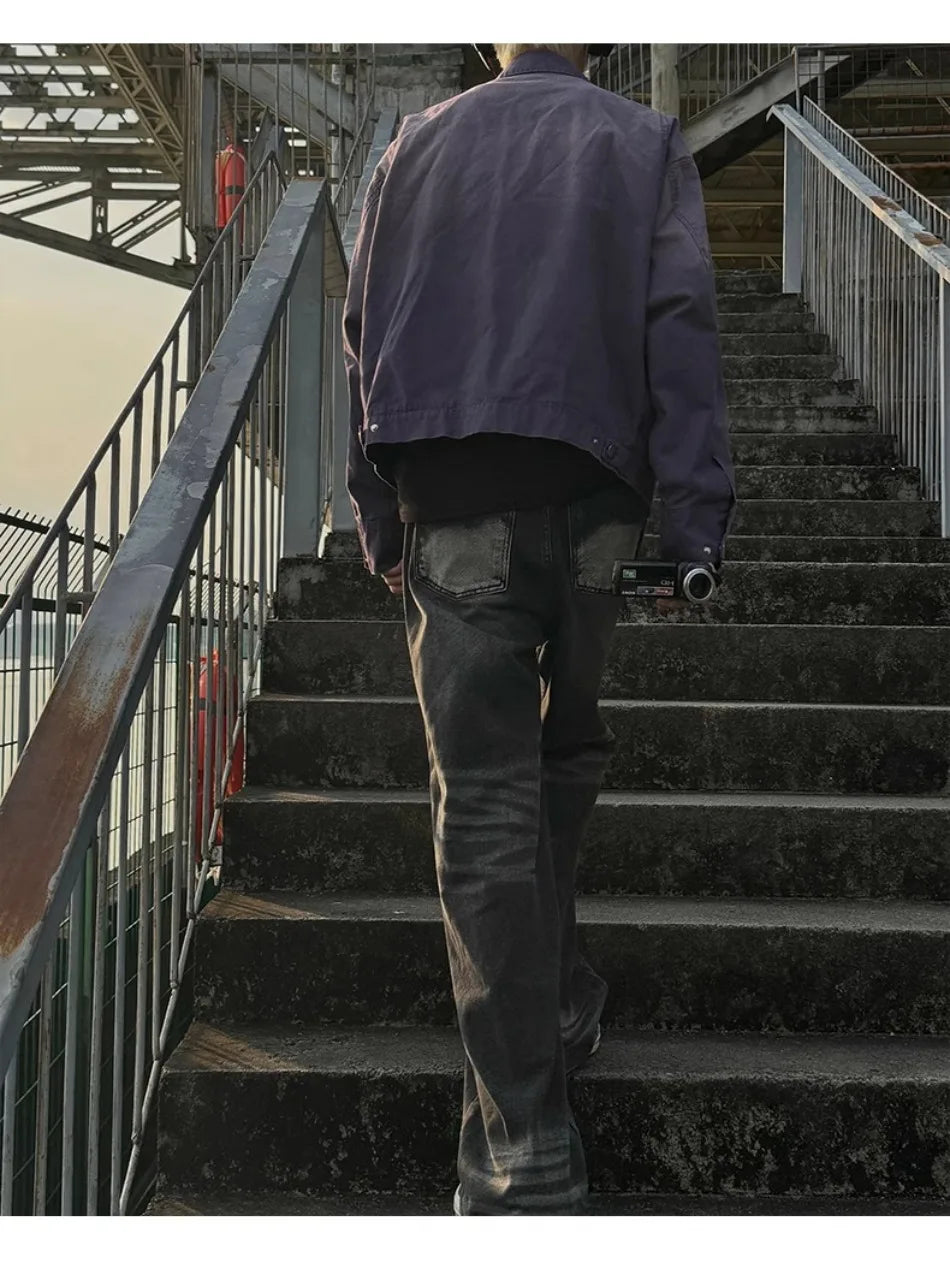 y2k hip hop gradient jacket mens tooling canvas high street lapel short coats washed retro motorcycle outwear trend 2024 new unique shorts style 3796