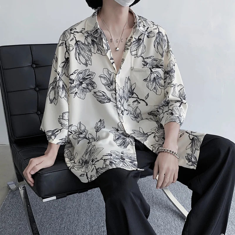 Summer Flower Shirt Men Fashion Printed Ice Silk Shirt Men Streetwear Loose Short Sleeve Shirt Mens Oversized Hawaiian Shirt Street King Limited