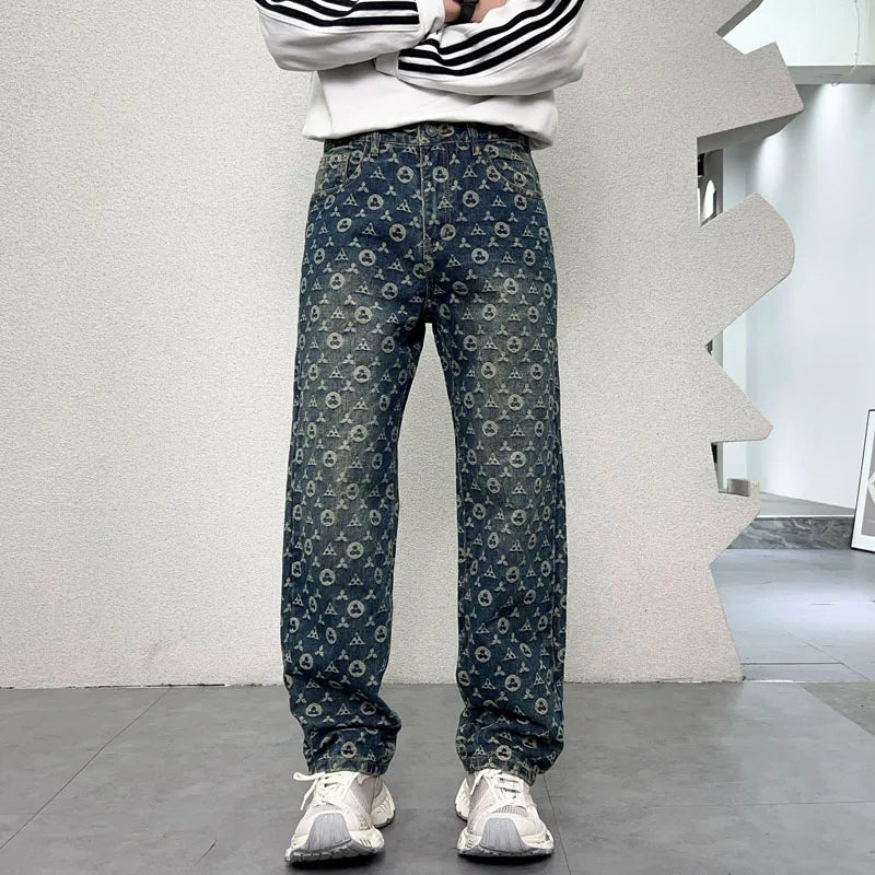 men jacquard streetwear hip hop vibe casual straight denim jeans pants boyfriend high street ripped jeans trousers vintage washed jeans