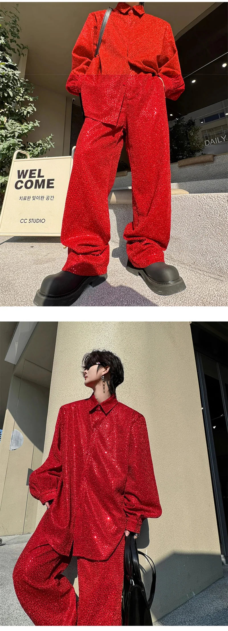 mens sequin 2 piece sets loose casual long sleeve shirt pant stage fashion party show clothing dress shirts trousers costumes unique default style 2774