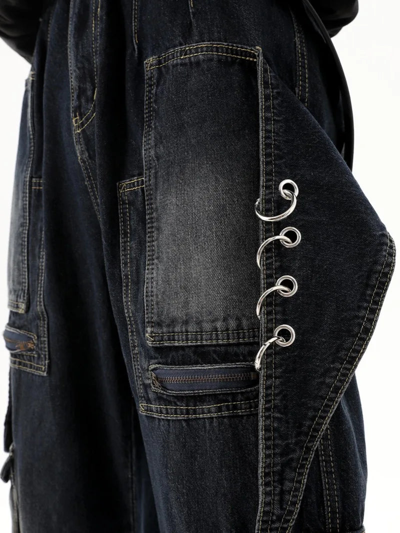 fashion punk rings streetwear loose pants unisex casual multiple pockets wide legs jean pants hip hop joggers men baggy jeans relaxed fit joggers