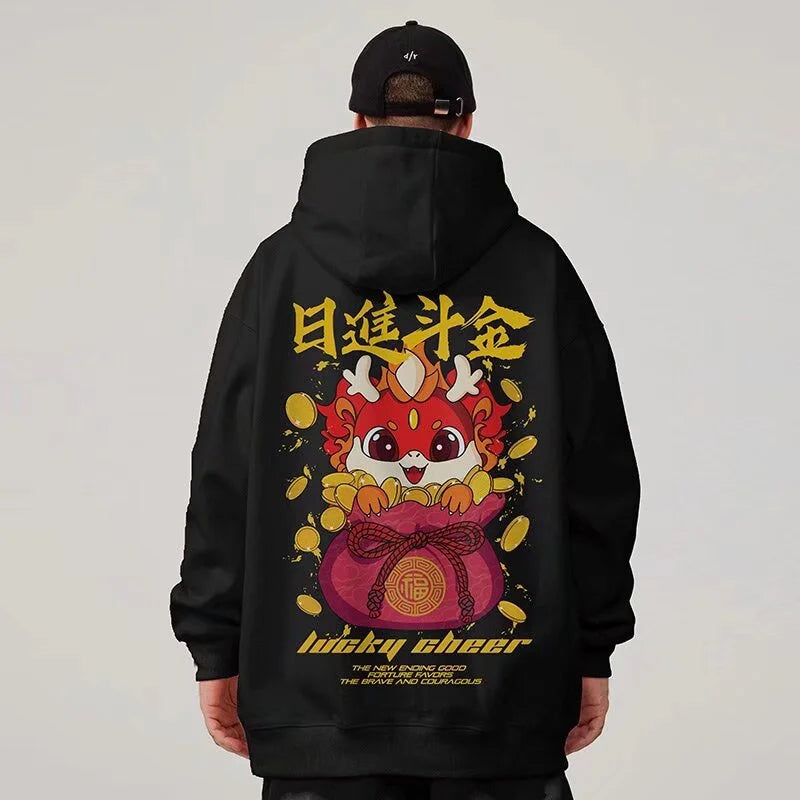 Lucky Cheer Dragon Printed Hoody Man Y2K Streetwear Clothes Fleece Hip Hop Loose Fashion Pullover Sweatshirts Graphic Hoody Street King Limited