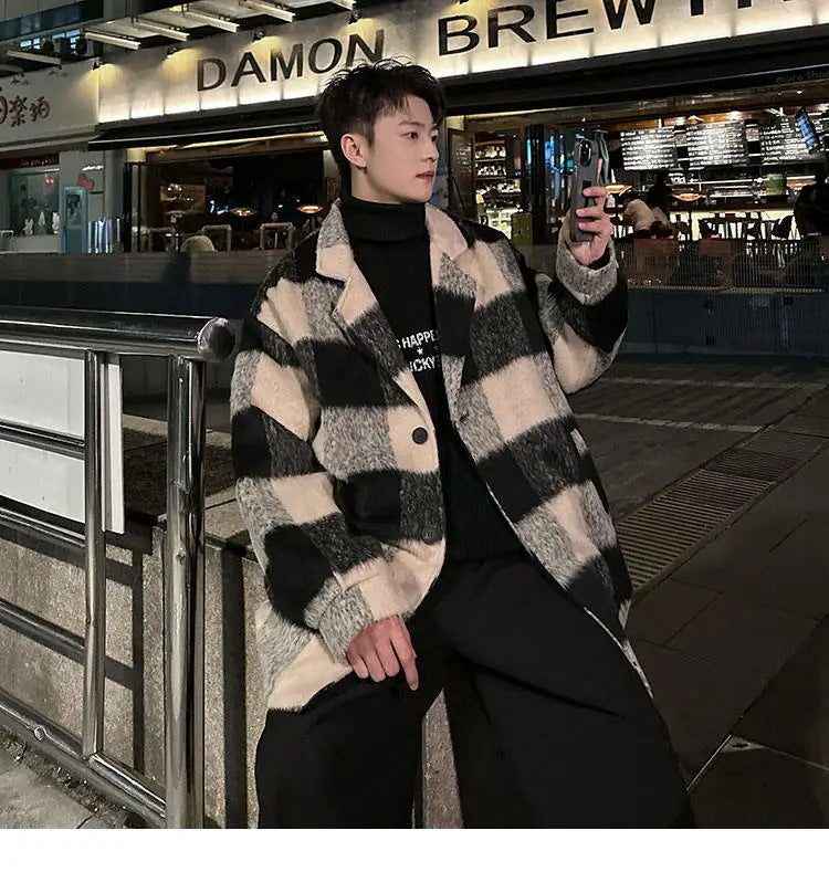 plaid woolen trenchcoat men autumn winter fashion retro streetwear suit collar loose casual trendy trench coat outerwear unique default style 1191