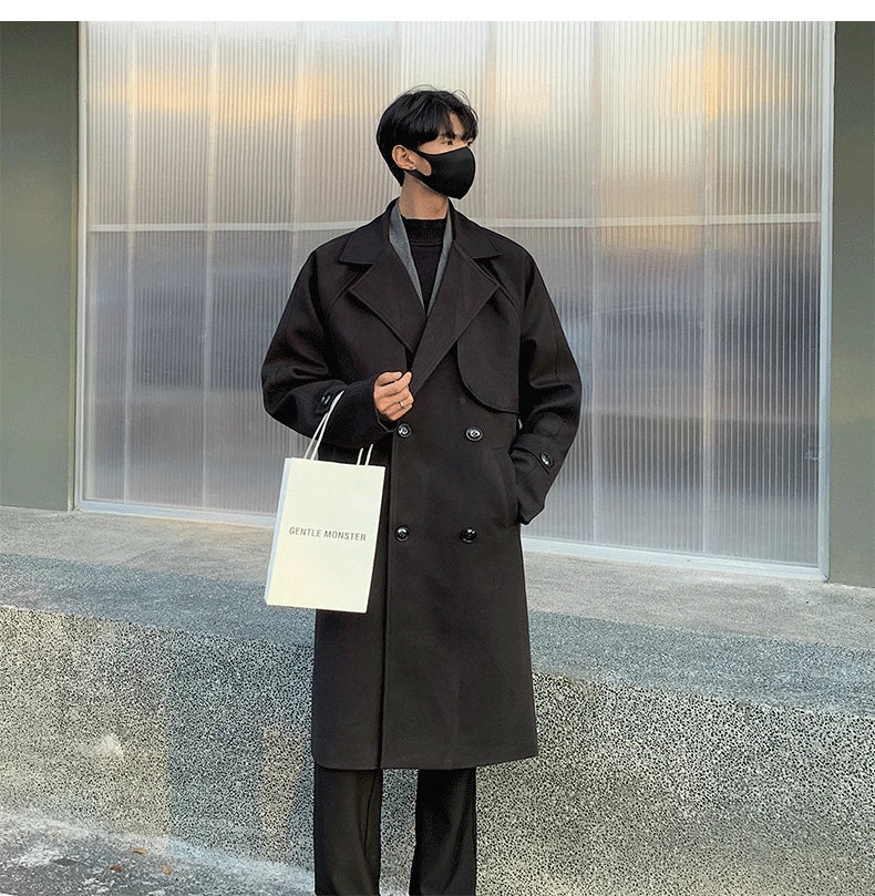 Men's Autumn Winter Mid Length Woolen Coat New Korean Tide Black Thickned Overcoat Long Sleeve Double-breasted Jackets Street King Limited