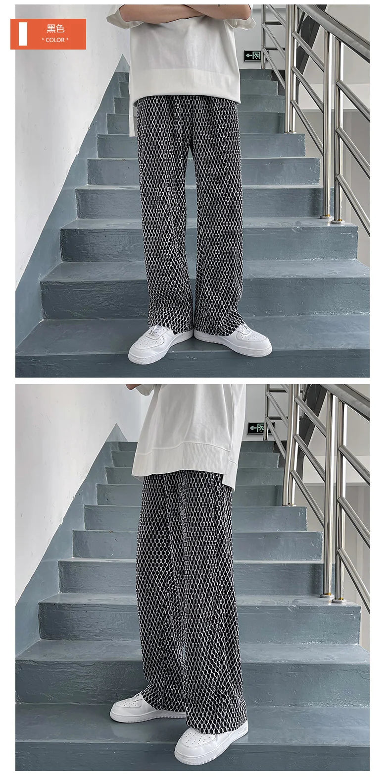 Summer Pleated Pants Men Fashion Casual Plaid Pants Men Streetwear Korean Loose Straight Ice Silk Pants Mens Plus Size Trousers Street King Limited