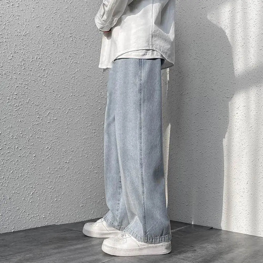 korean mens casual long jeans loose retro straight baggy pants denim wide leg pants light blue grey black retro washed jeans unique jeans style 1235