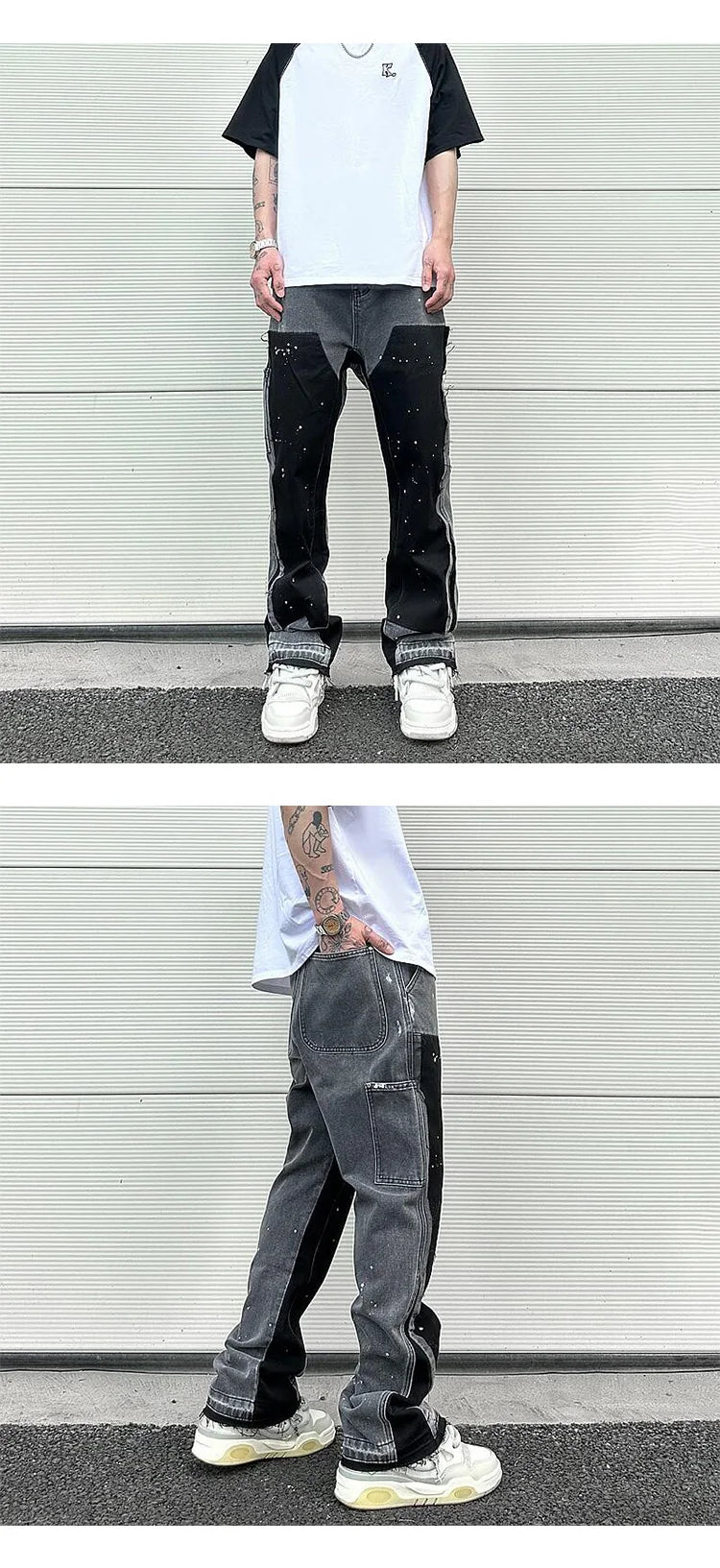 Harajuku Black Graffiti Flared Jeans Pants Patches Hip Hop Splashed Ink Wide Jeans Trousers Blue Slim Fit Washed Jeans for Men Street King Limited
