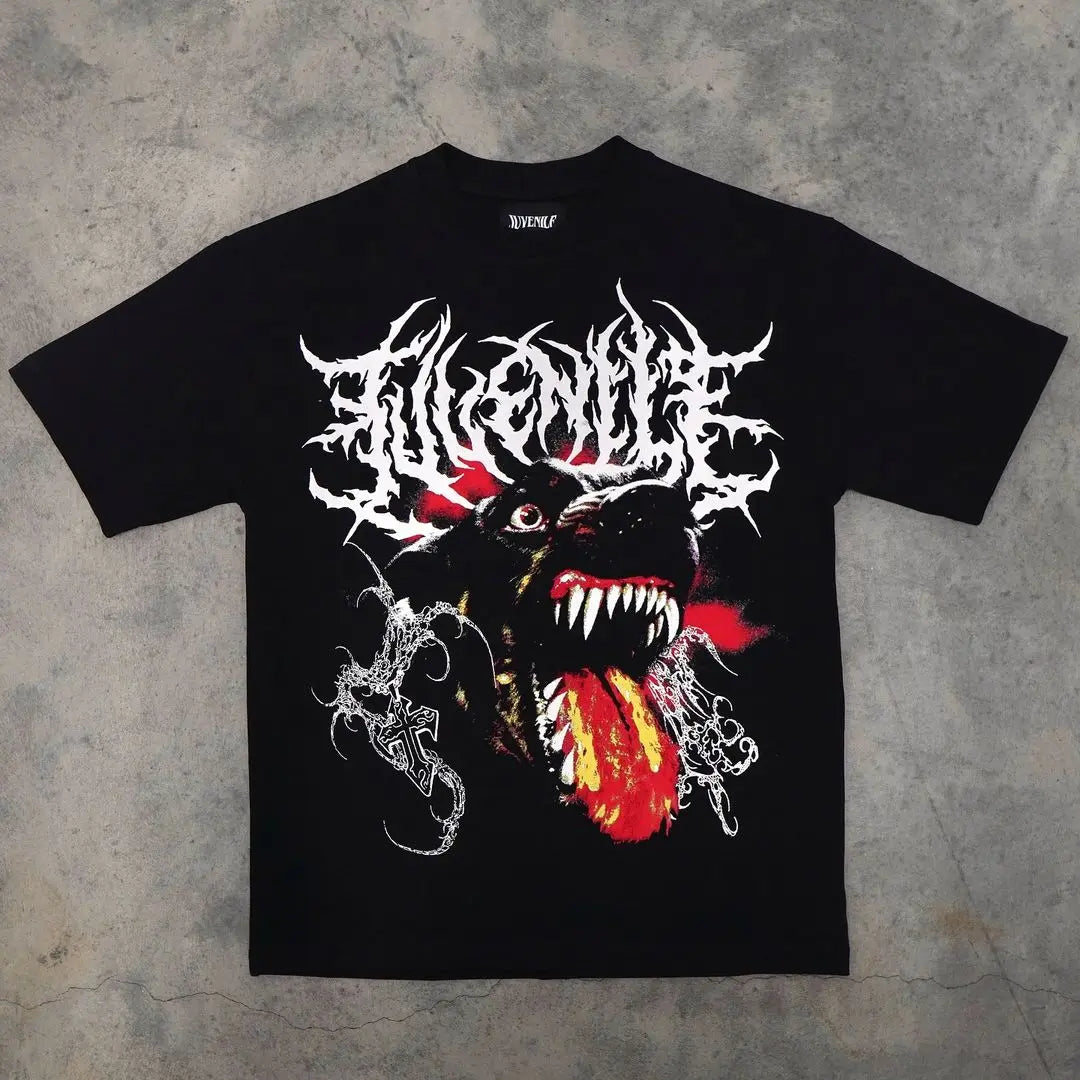 Trendy Brand Rock Punk Streetwear Y2K Harajuku Gothic Retro Pattern Printed Oversized T-shirt Men American Hip-hop Casual Tops Street King Limited