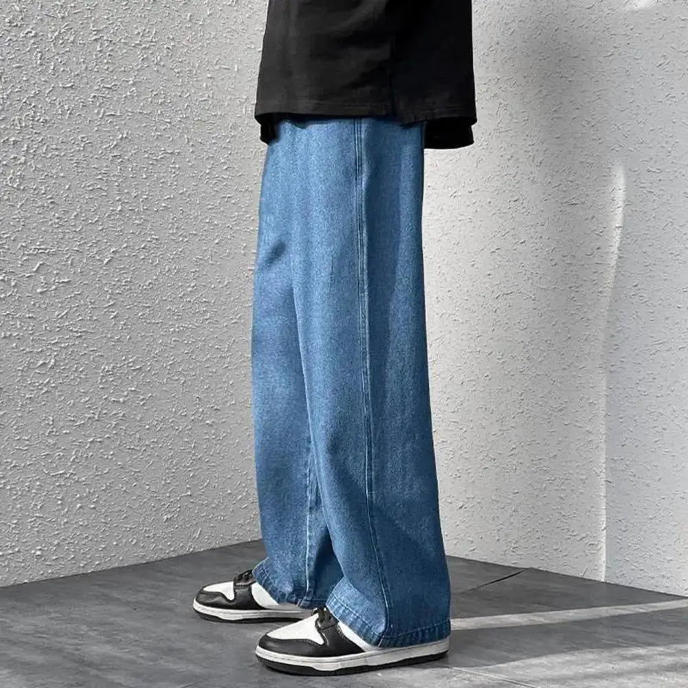 korean mens casual long jeans loose retro straight baggy pants denim wide leg pants light blue grey black retro washed jeans stacked flare jeans