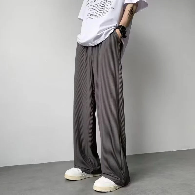 summer texture straight pants for men korean fashion baggy wide leg trousers casual drape pleated striped y2k pantalones hombre clean everyday pants