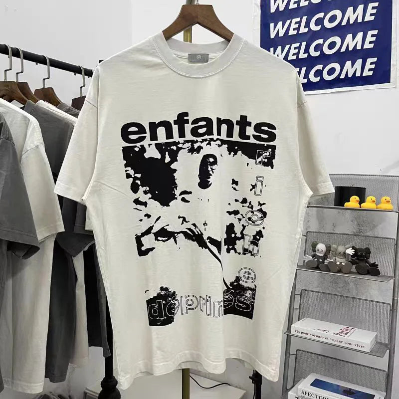 Apricot Grey Men Woman T Shirt Portrait Letter Printing Street Lovers Loose Casual Wash Retro Short Sleeve Top Tees Street King Limited