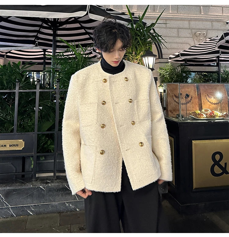 men french fashion retro double breasted woolen loose casual short jacket man autumn winter korean streetwear thicken coat top unique shorts style 1427