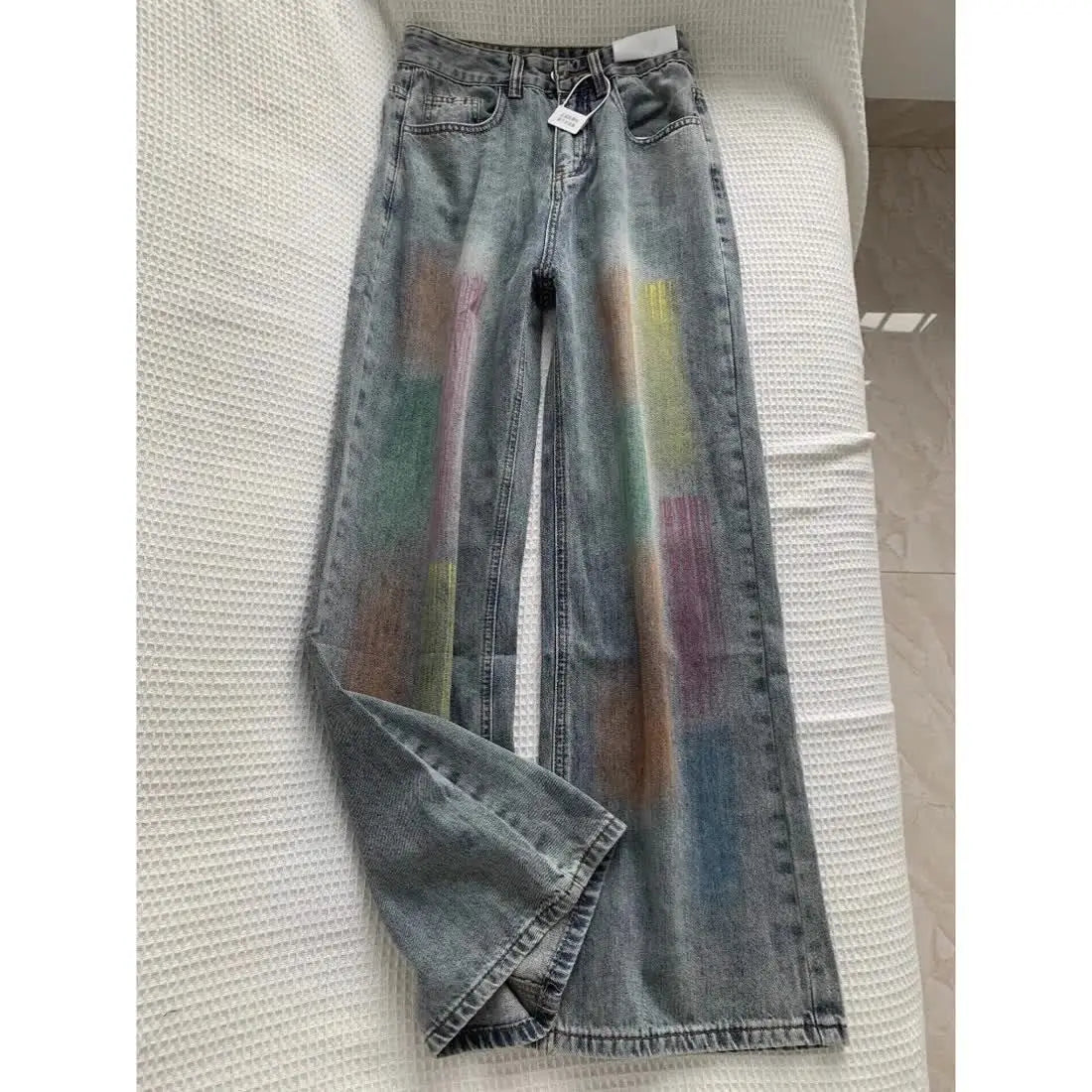 american retro personalized trend color gradient jeans for men and women new washed straight leg micro flared casual pants y2k urban skinny jeans