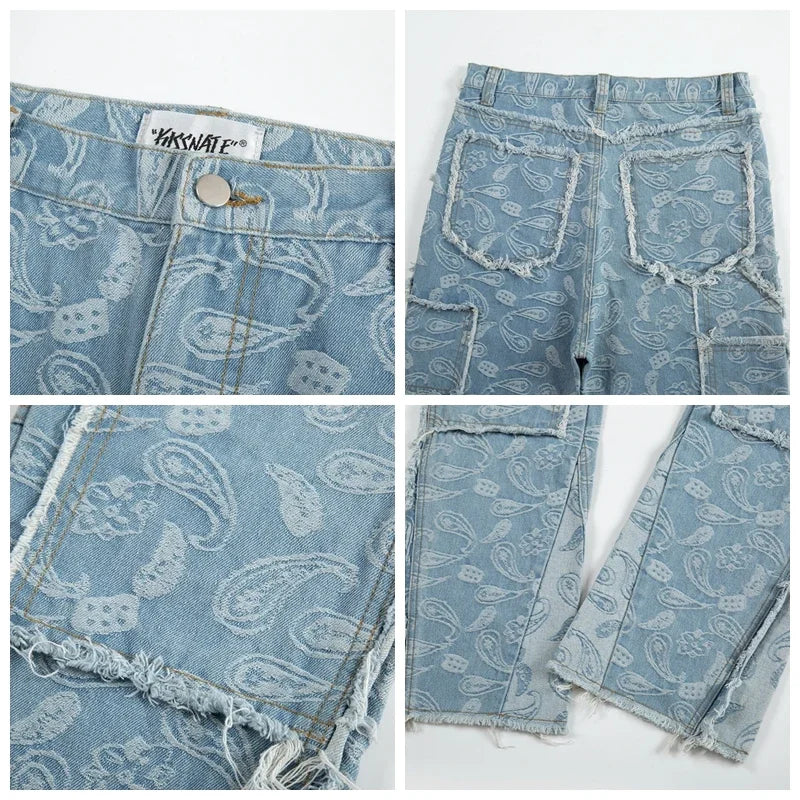 vintage high street washed light blue flared jeans cashew flower jacquard pattern rough edge jeans pants for men and women unique jeans style 906