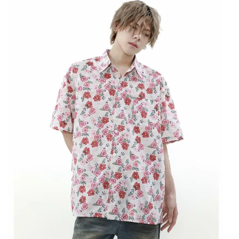 summer harajuku set mens flower print casual short sleeved top gradient straight leg jeans 2 pcs set high street trendy suit stacked flare jeans