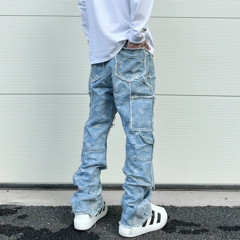 vintage high street washed light blue flared jeans cashew flower jacquard pattern rough edge jeans pants for men and women unique jeans style 914