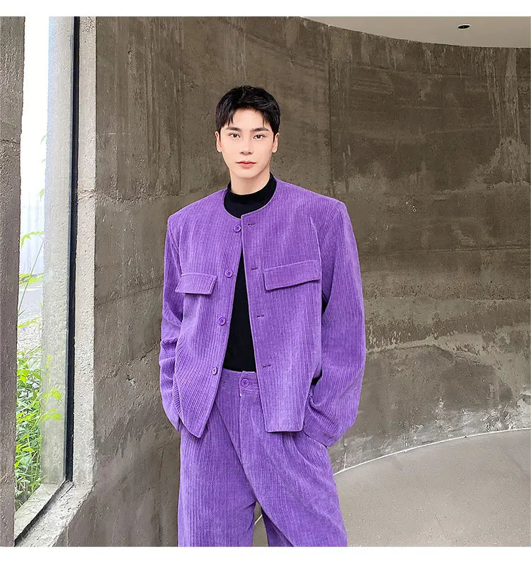 men 2 pieces sets corduroy short jacket wide leg pant suits korean streetwear fashion loose casual retro coat baggy trousers unique shorts style 2686