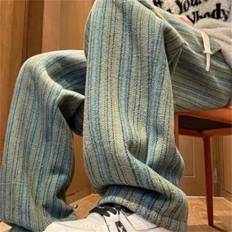 autumn striped woolen straight leg pants for men classic y2k vintage baggy trousers new casual high street fashion sweatpants 1 relaxed fit joggers