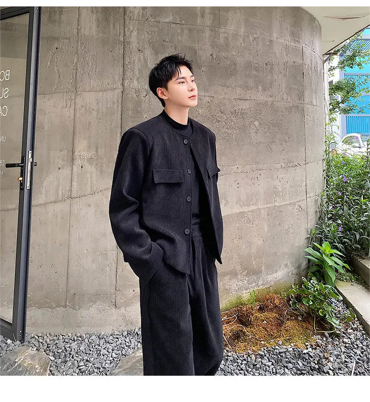 men 2 pieces sets corduroy short jacket wide leg pant suits korean streetwear fashion loose casual retro coat baggy trousers unique shorts style 2702