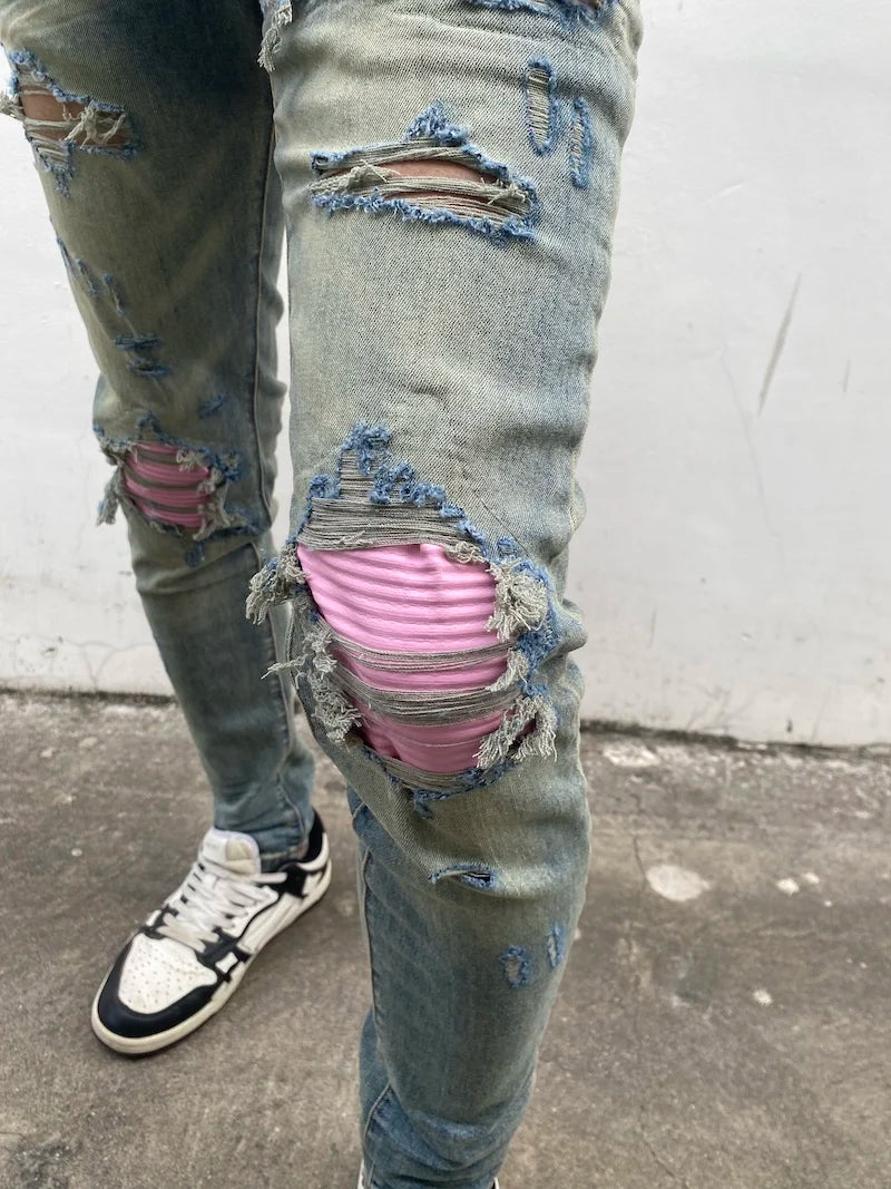 destroied ripped holes patckwork denim jean mens casual distressed washed biker jeans new fashion high street slim pants joggers sporty tapered joggers