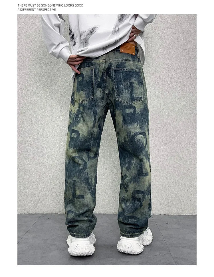 men loose casual american high street hip hop vibe printed denim baggy jeans pants man streetwear ripped jeans trousers unique jeans style 2977