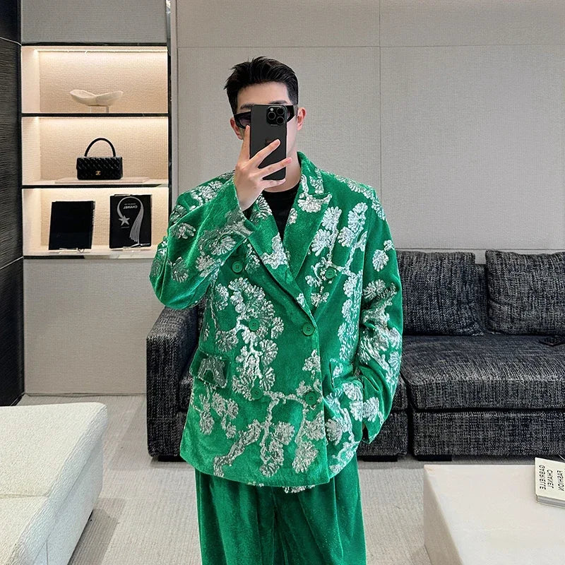 men sequin embroidery velvet loose casual 2 pieces suits blazers jacket pant sets stage party dress suits performance costumes menswear bottoms