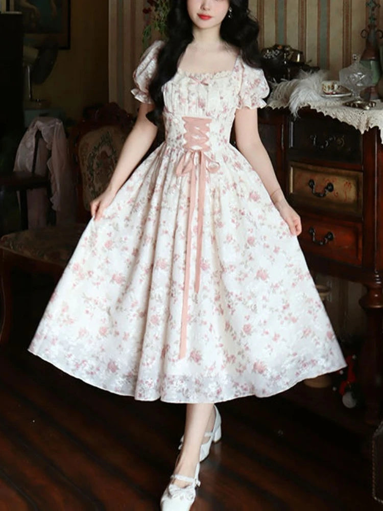 Summer Dress Y2k Floral Puff Sleeve Dress for Woman Robe Sexy Lace Up Side Split Chic Mid-Calf Aesthetic Dress Sexy Bodycon Robe Street King Limited