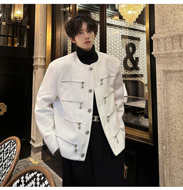 multi zipper sequin woolen jacket men french retro fashionable casual christmas jacket spring autumn coat stage show clothing unique default style 1454