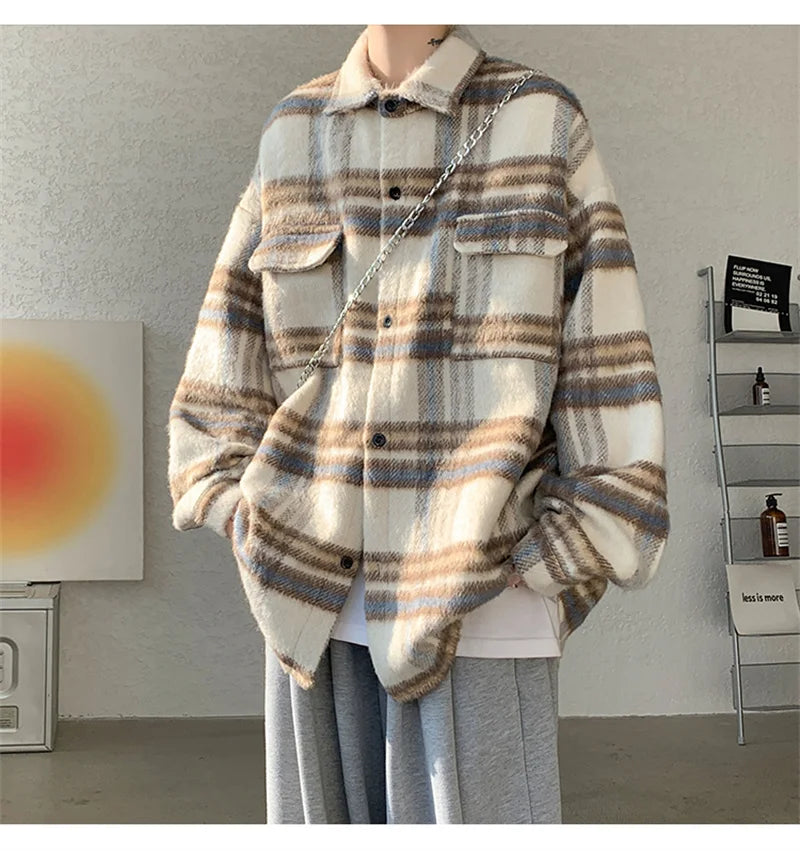 winter y2k vintage striped woolen jackets for men patchwork long sleeve plaid cardigan coats high street cargo shirt jacket unique cargo style 73