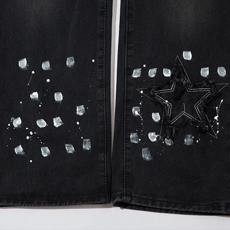 Men Black Jeans Five-Pointed Star Splashing Ink Design Denim Trousers American Retro Street Punk Wide Leg Straight Pants Unisex Street King Limited