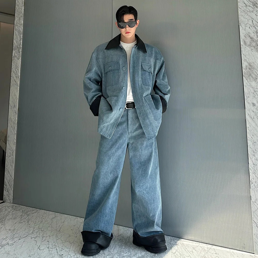 fashion show suits men streetwear washed denim splice loose casual jacket wide leg jeans pants 2 piece sets coat trousers suits denim street jeans