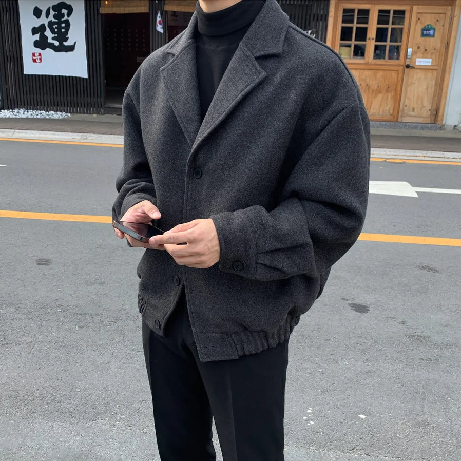 2024 loose casual mens solid color jacket fashion daily commuting windproof short woolen coat thickened warm techwear shorts