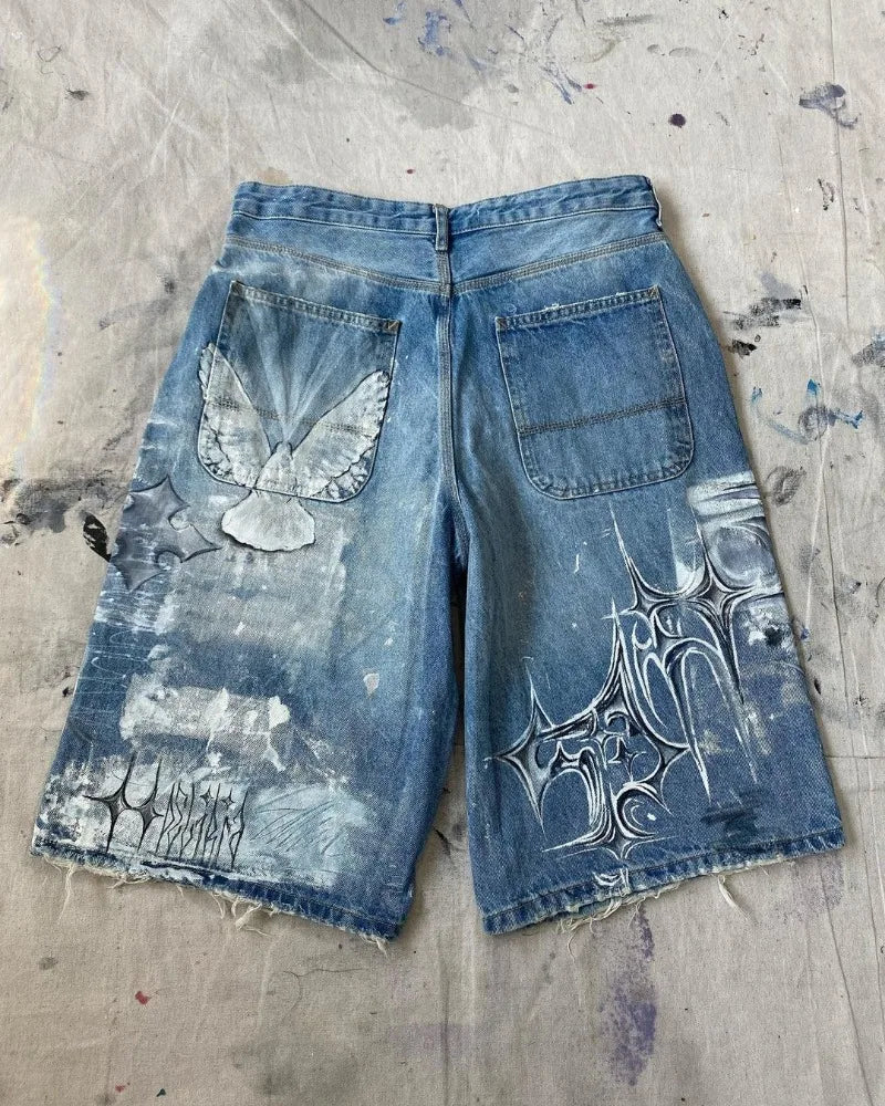 y2k american street retro graffiti anime print oversized denim shorts men shorts high waist fashion loose casual wide leg pants unique jeans style 3362