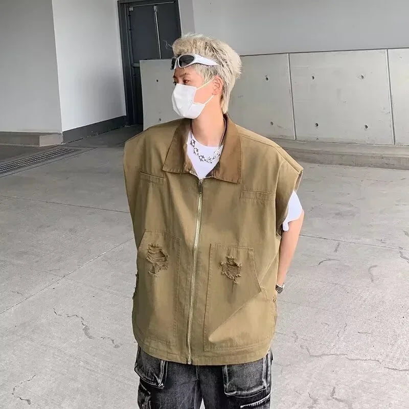 autumn mens zipper sleeveless denim jackets outwear streetwear khaki cargo vest coats 2024 new hip hop fashion working clothes combat utility trousers