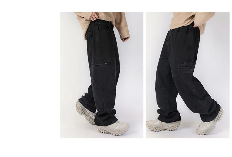 men american streetwear fashion loose casual hip hop wide leg black denim baggy jeans pants man y2k cargo jeans trousers unique cargo style 2228
