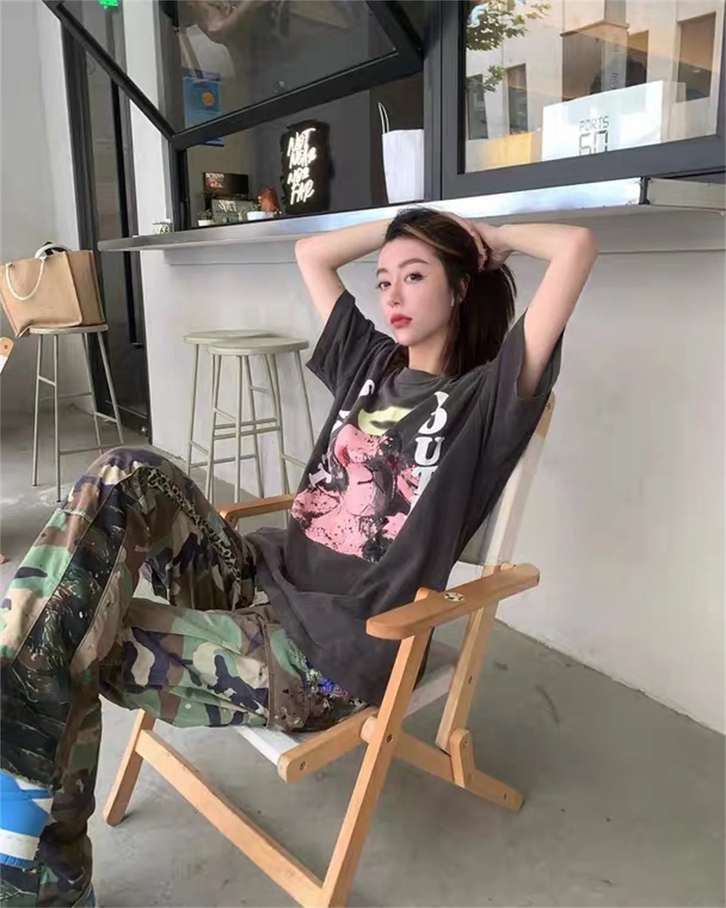Summer New Vintage Pink Lamb Printing Distressed Retro High-Street Tops T-Shirt Street King Limited